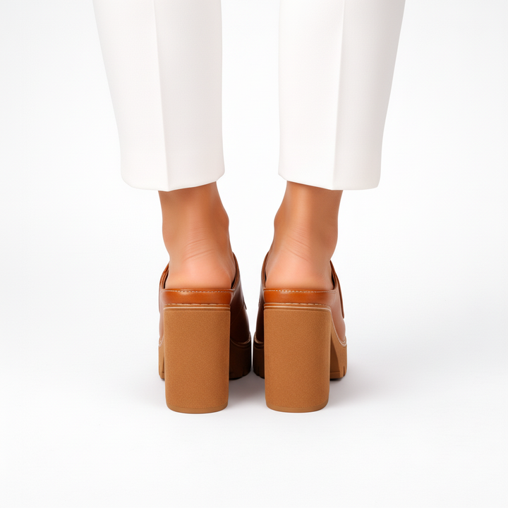 Back view of Emma & Rose Cape Town Ellie platform heels featuring ankle straps and chunky heels in black.