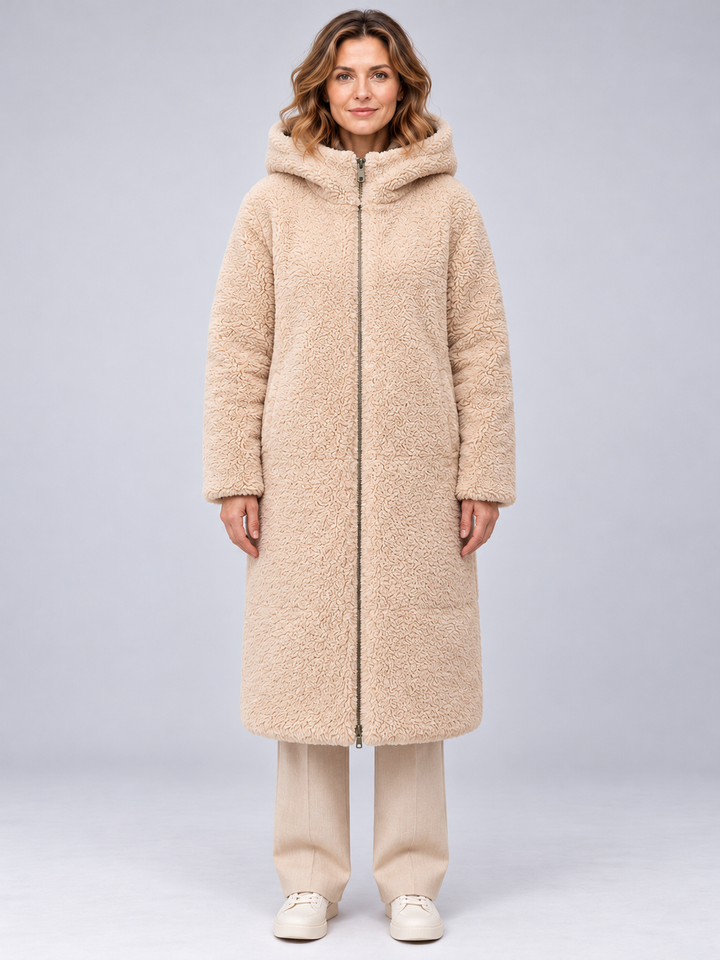 Women's Reversible Long Hooded Puffer Coat, view 4 - Elena Harper
