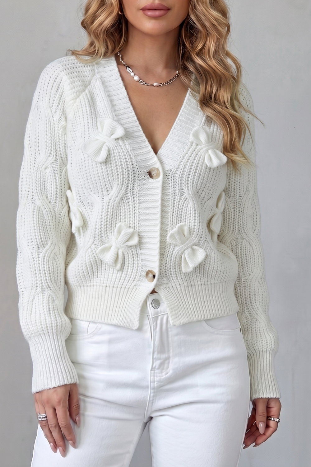 Women's Knitted Bow Cardigan with Button Front Suvienne, view 5 - Elena Harper