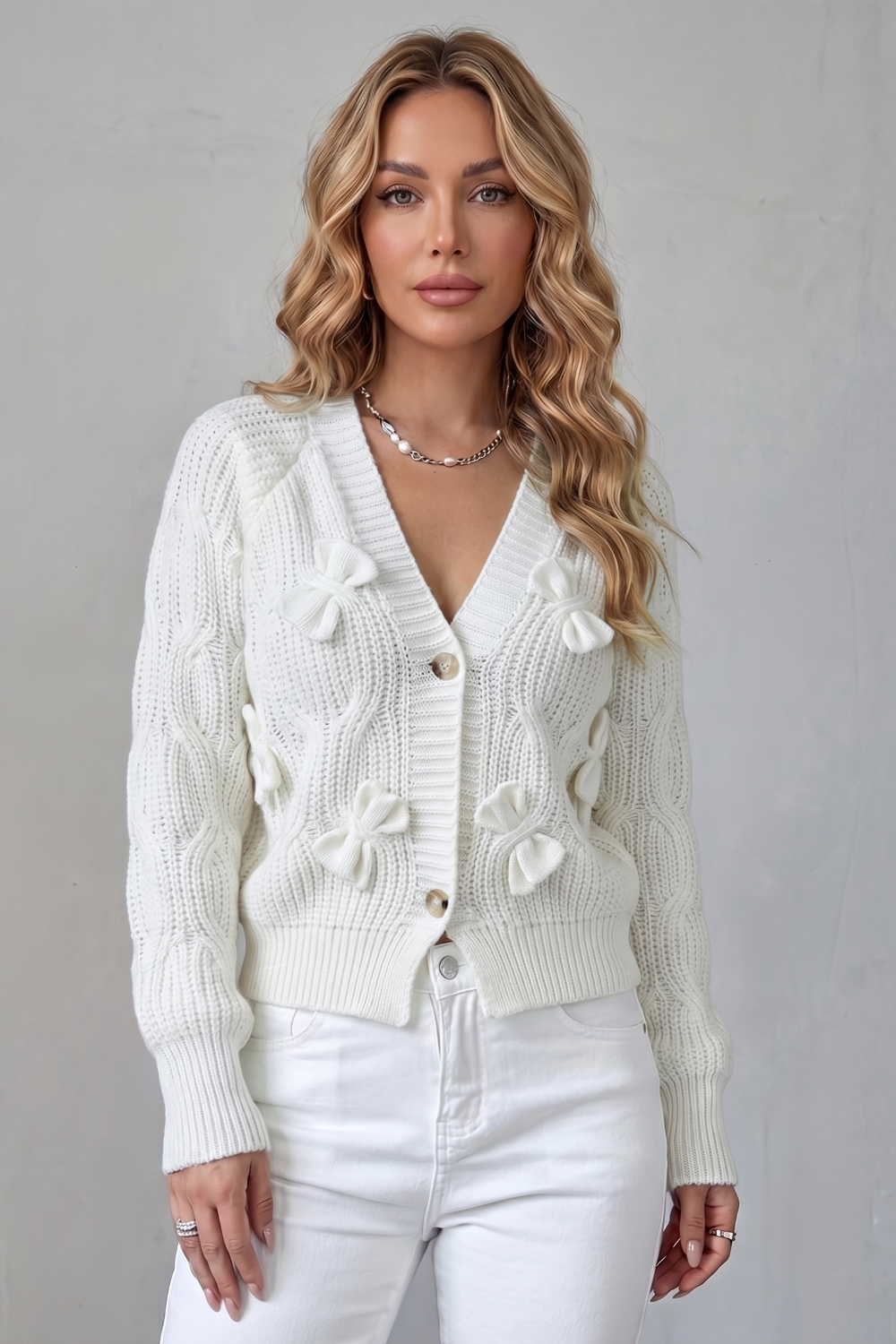 Women's Knitted Bow Cardigan with Button Front Suvienne, view 6 - Elena Harper
