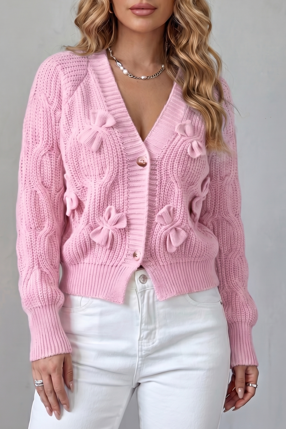 Women's Knitted Bow Cardigan with Button Front Suvienne, view 9 - Elena Harper