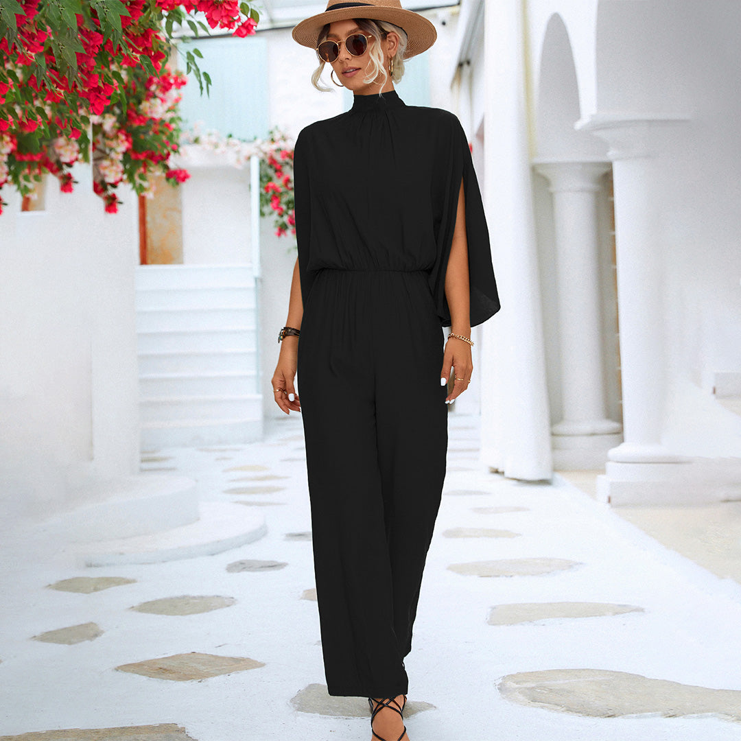 Elegant Wide Jumpsuit for Women – High Neck with Split Cape Sleeves 3/4
