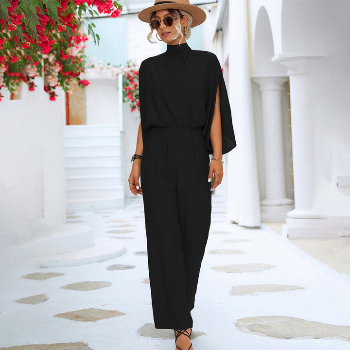 Elegant Wide Jumpsuit for Women – High Neck with Split Cape Sleeves 3/4