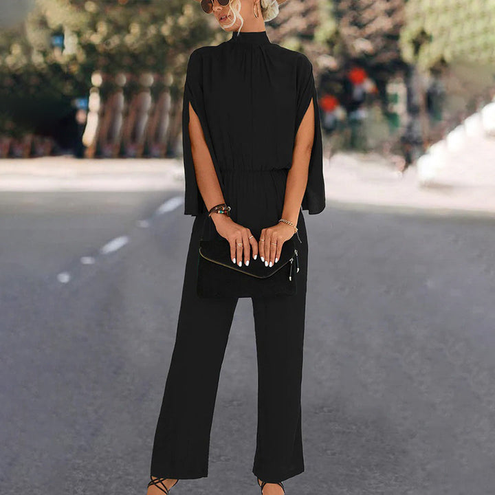 Elegant Wide Jumpsuit for Women – High Neck with Split Cape Sleeves 3/4
