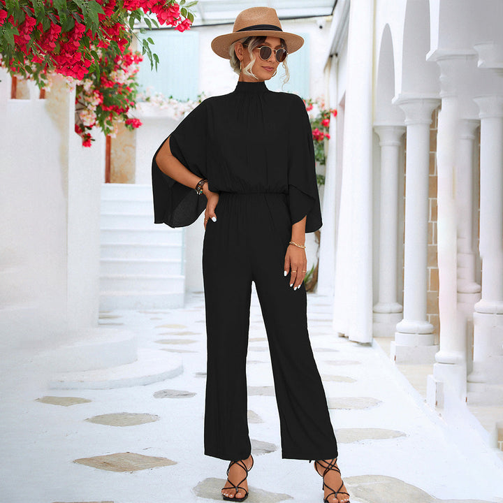 Elegant Wide Jumpsuit for Women – High Neck with Split Cape Sleeves 3/4
