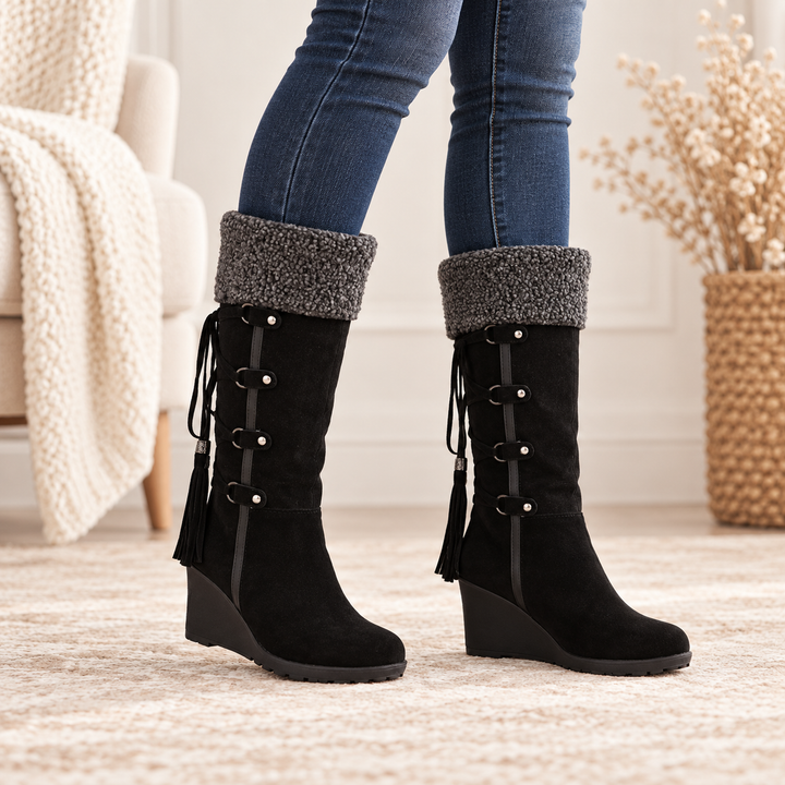 Ladies' Leather Winter Boots – Fur Lining, Wedge Heel, Casual for Cold Weather