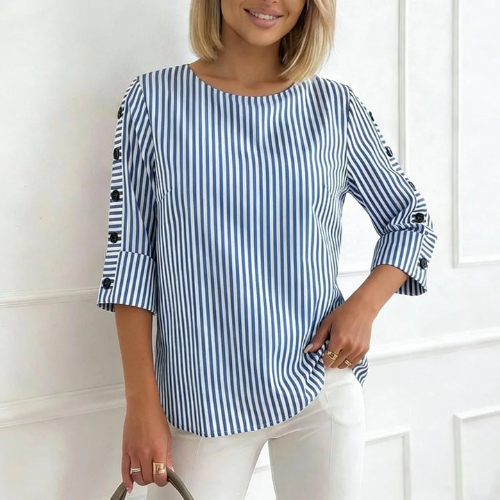 Cezarina Striped Top with Button Sleeves, view 2 - Elena Harper