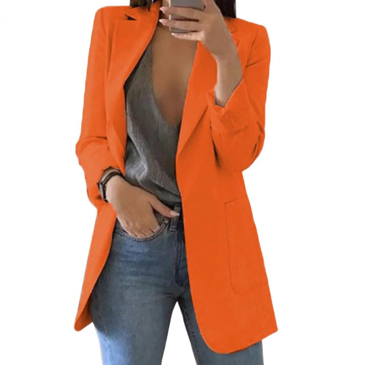 Long blazer for women, tailored, with open front and lapel collar