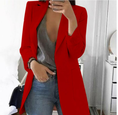 Long blazer for women, tailored, with open front and lapel collar