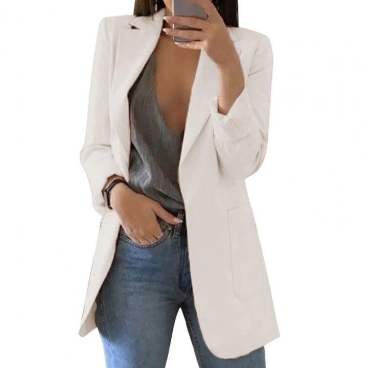Long blazer for women, tailored, with open front and lapel collar
