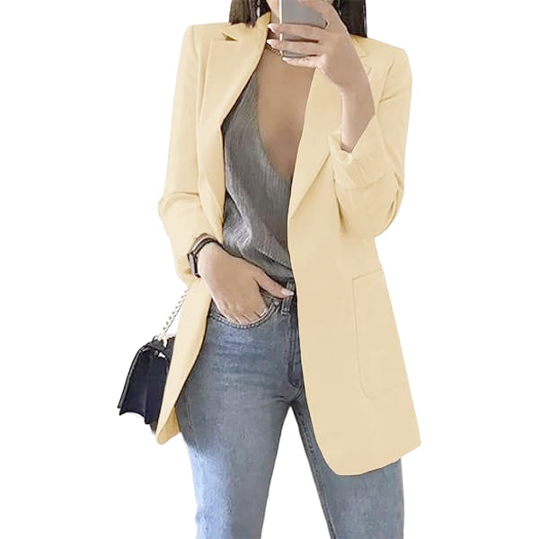 Long blazer for women, tailored, with open front and lapel collar