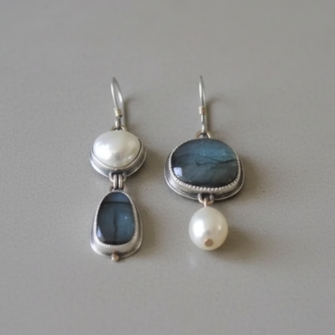 Blue Stone and Pearl Earrings for Women - Elegant Vintage Style.