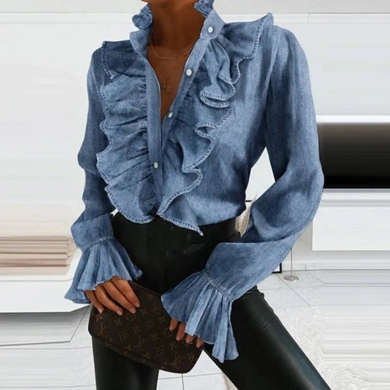 Elegant Ruffled and Button Evening Office Blouse Stylish, Flattering - Elena Harper