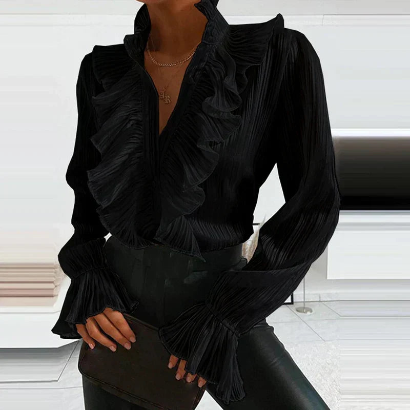 Elegant Ruffled and Button Evening Office Blouse Stylish, Flattering, view 3 - Elena Harper