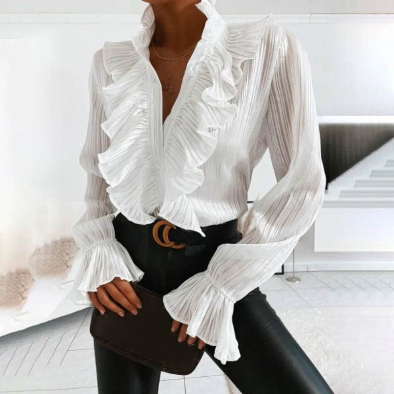 Elegant Ruffled and Button Evening Office Blouse Stylish, Flattering, view 2 - Elena Harper