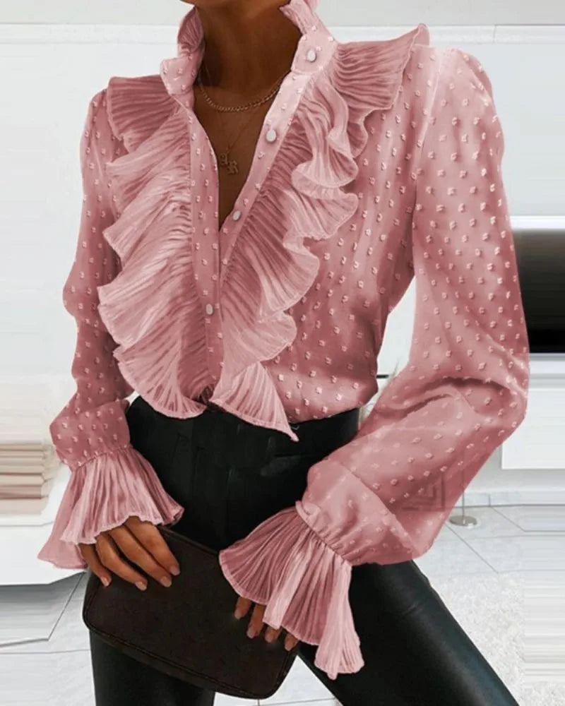 Elegant Ruffled and Button Evening Office Blouse Stylish, Flattering, view 4 - Elena Harper