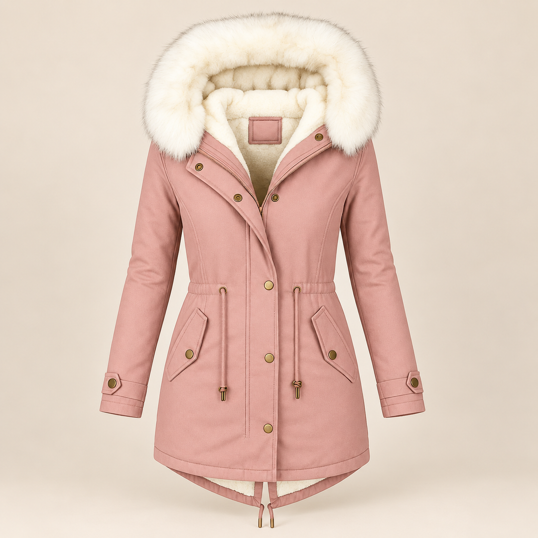 Long women's parka with fur-lined hood and adjustable waist