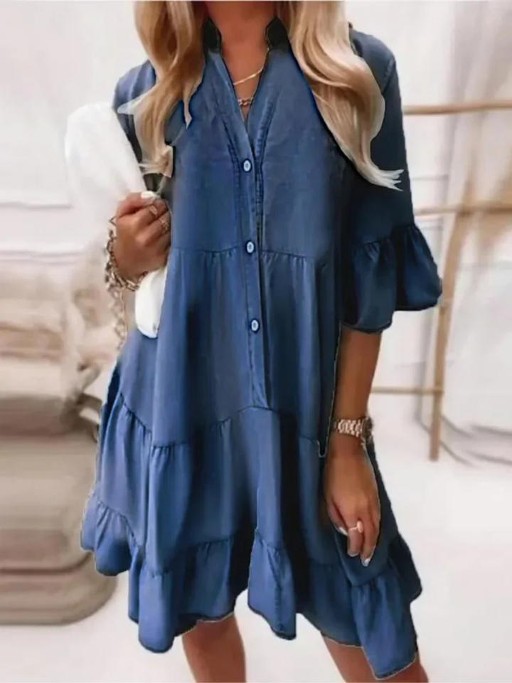 Blythe | Women's Cotton Tiered Button-Down Flared Sleeve Dress
