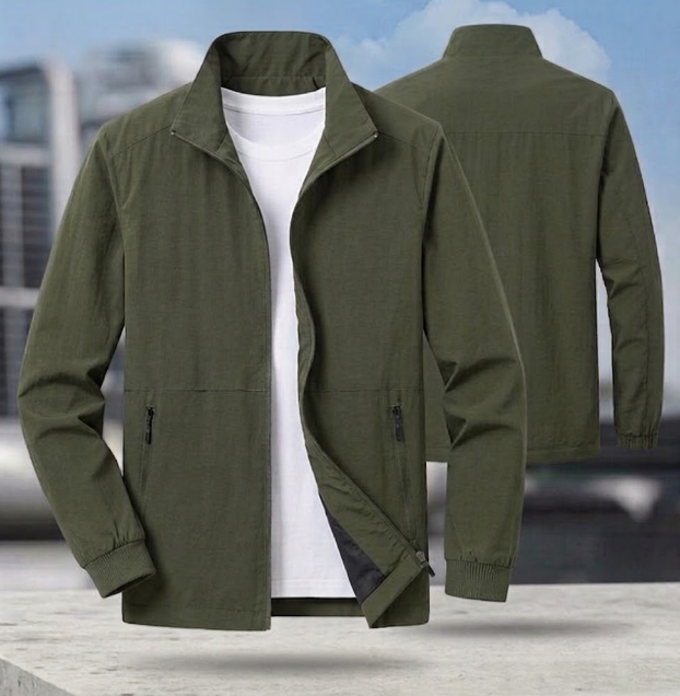 Men's Bomber Jacket with Zipper and Stand-Up Collar