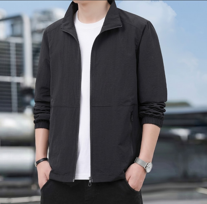 Men's Bomber Jacket with Zipper and Stand-Up Collar