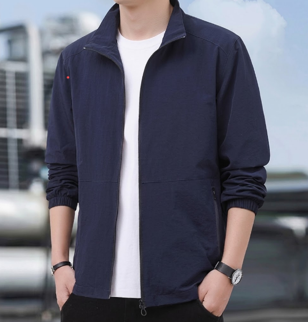 Men's Bomber Jacket with Zipper and Stand-Up Collar