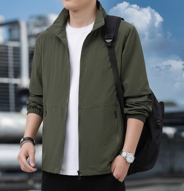 Men's Bomber Jacket with Zipper and Stand-Up Collar