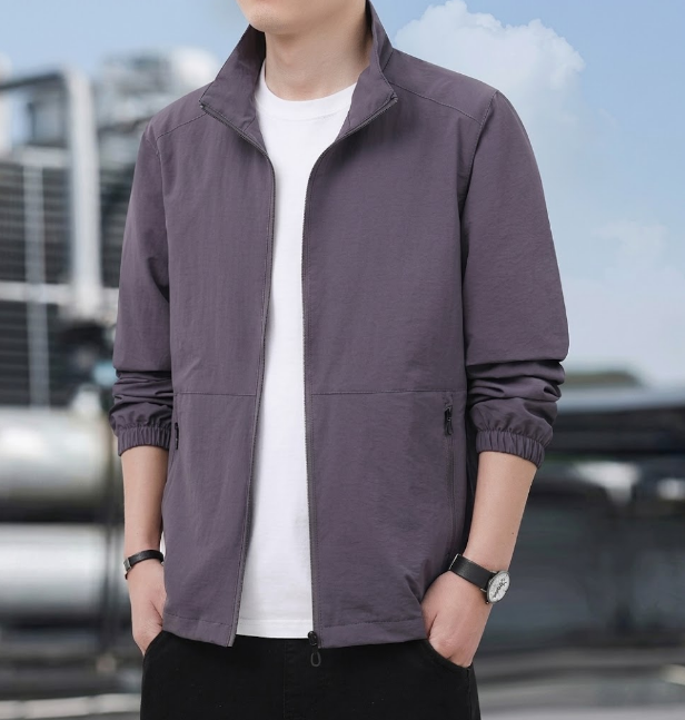 Men's Bomber Jacket with Zipper and Stand-Up Collar