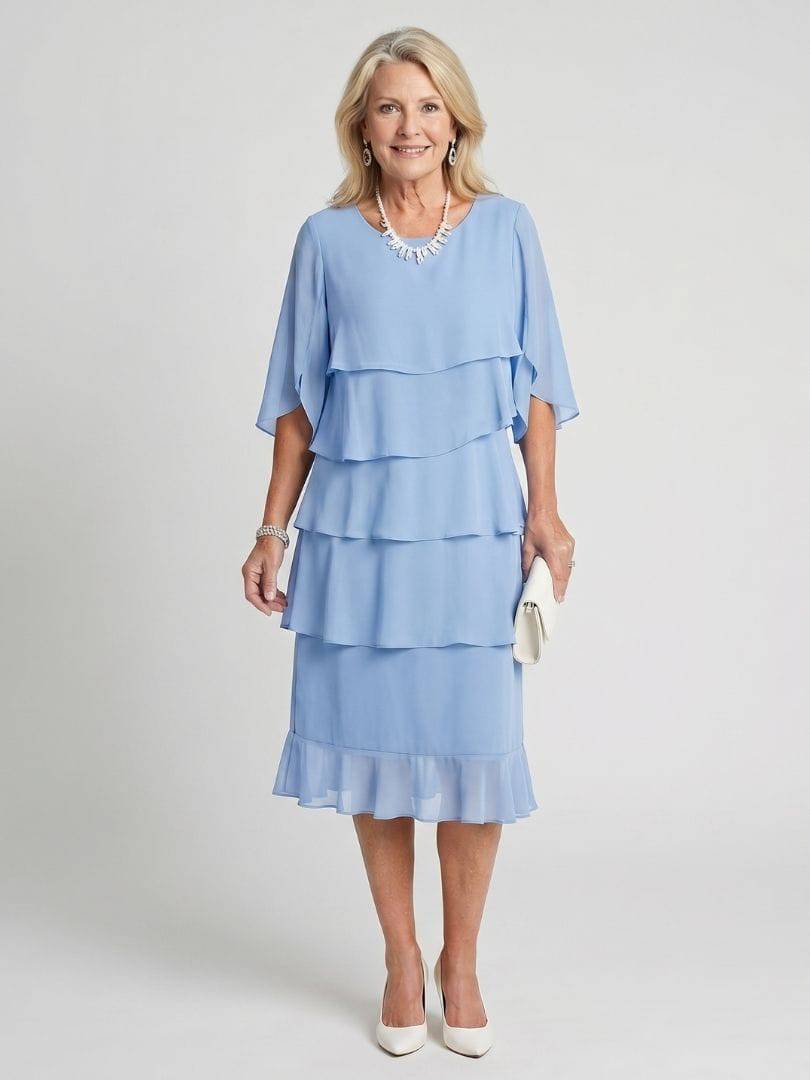 Emma & Rose Cape Town Brent™ layered tier midi dress shown on a model with flowing fabric and tiered design in a stylish, elegant look.
