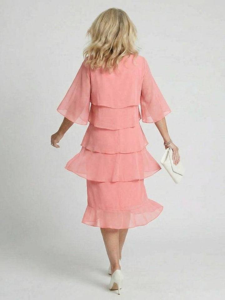 Emma & Rose Cape Town Brent layered tier midi dress featuring flowing fabric and tiered design, perfect for elegant daytime wear.