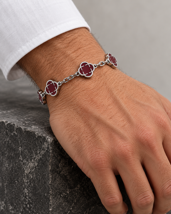 Silver Bracelet with Bordeaux Clovers