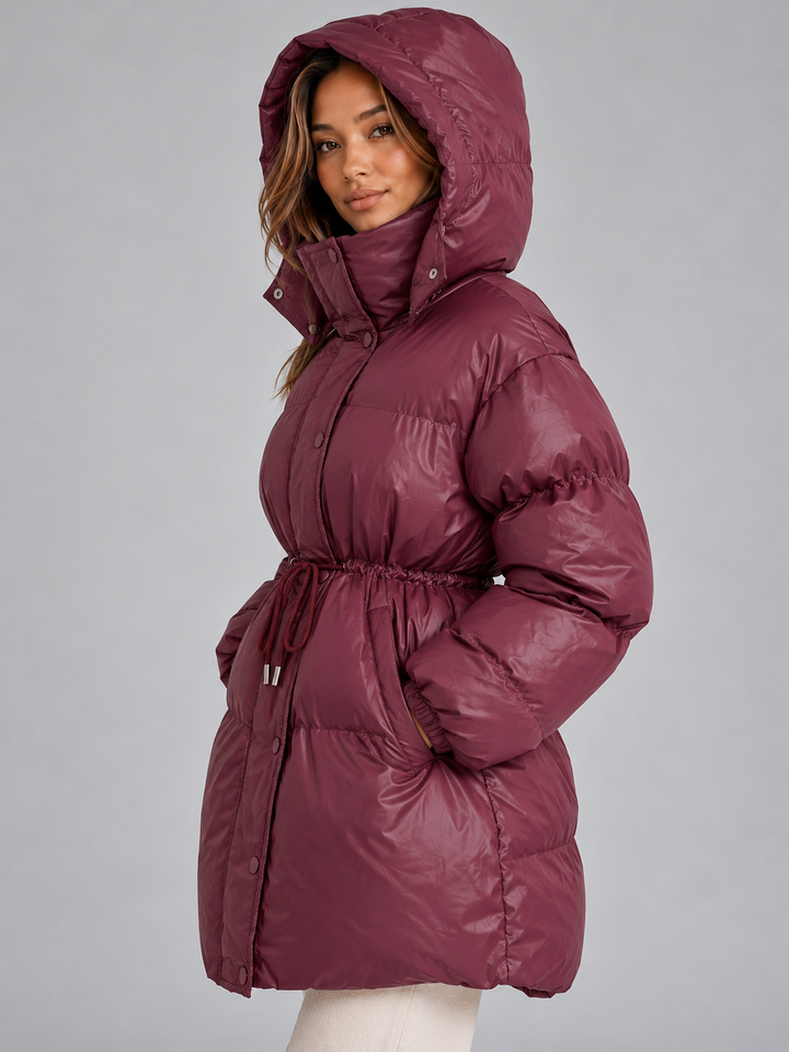 Women's Hooded Puffer Coat – Padded Drawstring Waist