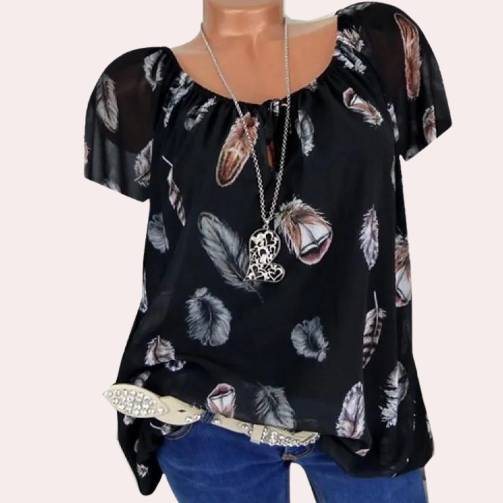 Megan™ Ladies Off-Shoulder Top with Feather Print