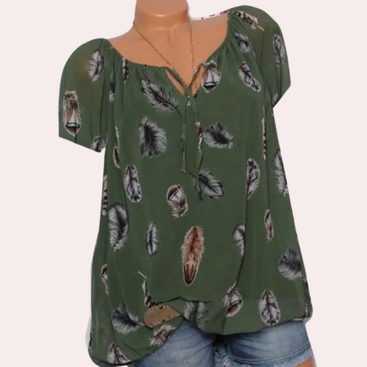 Megan™ Ladies Off-Shoulder Top with Feather Print