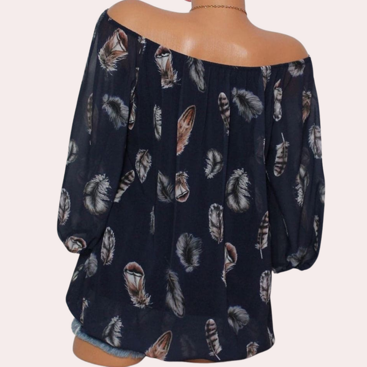 Megan™ Ladies Off-Shoulder Top with Feather Print