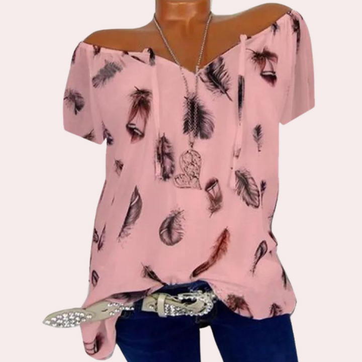 Megan™ Ladies Off-Shoulder Top with Feather Print