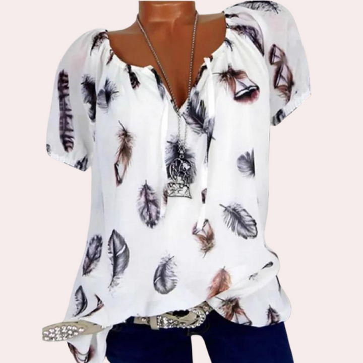 Megan™ Ladies Off-Shoulder Top with Feather Print
