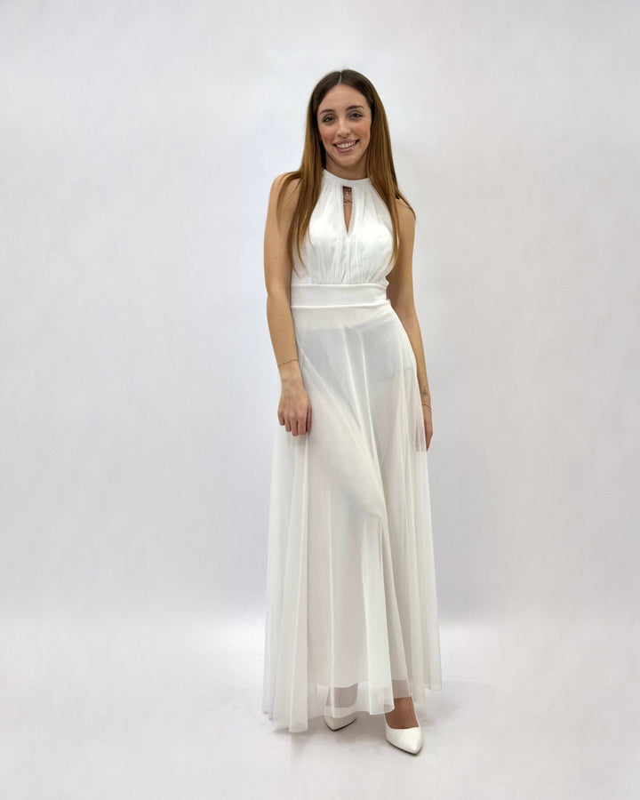 Marisa™ flowing dress by Emma & Rose Cape Town featuring lightweight fabric and elegant design, displayed on a hanger.