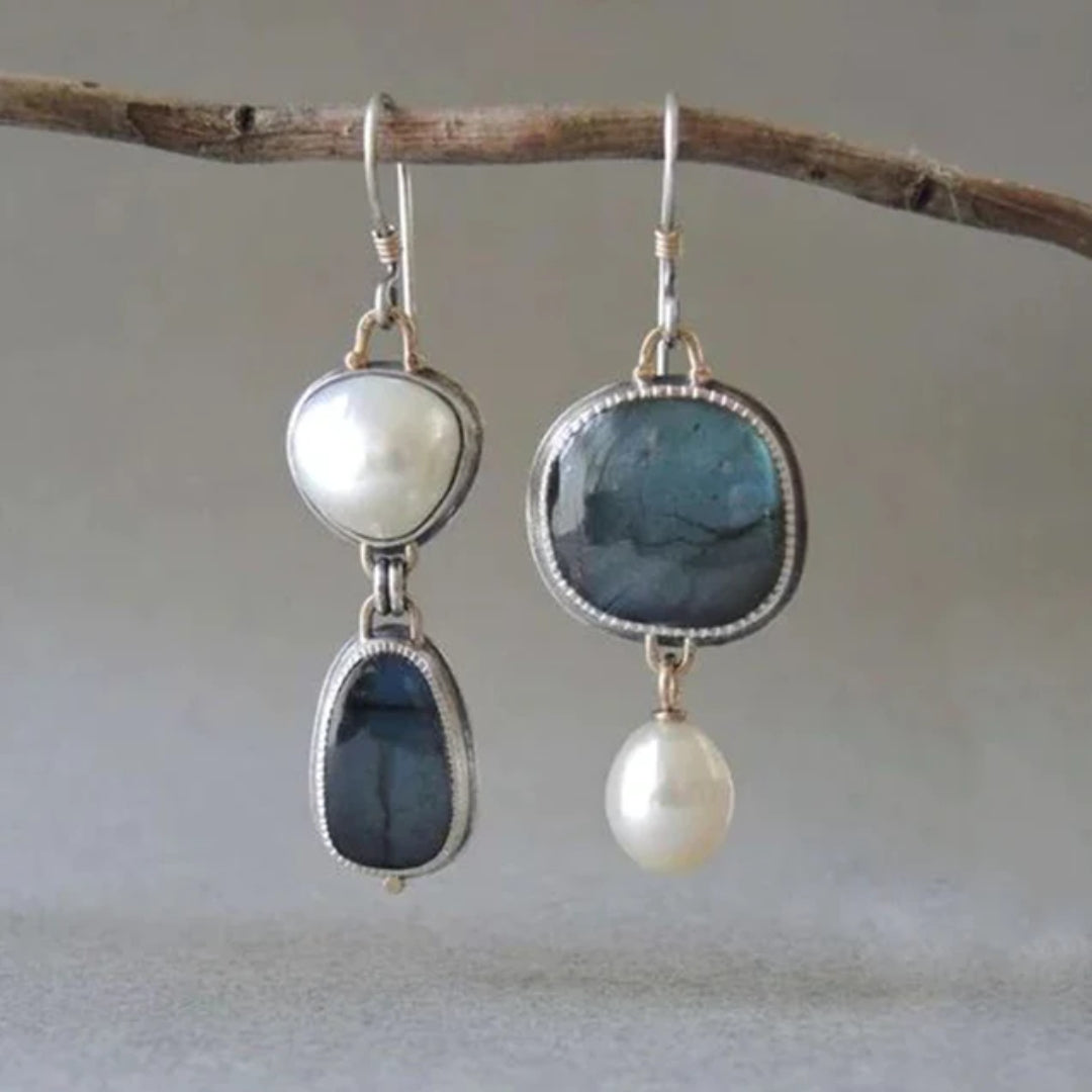 Blue Stone and Pearl Earrings for Women - Elegant Vintage Style.