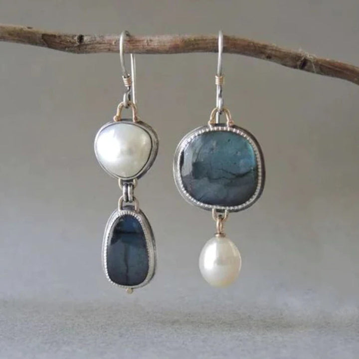 Blue Stone and Pearl Earrings for Women - Elegant Vintage Style.