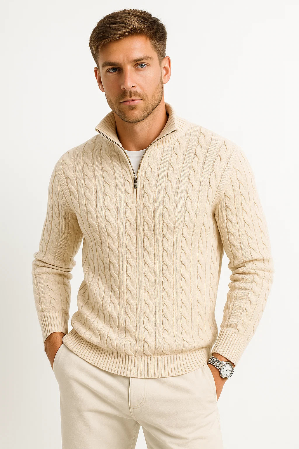 Men's Cable-Knit Jumper with Quarter Zip - Edmond