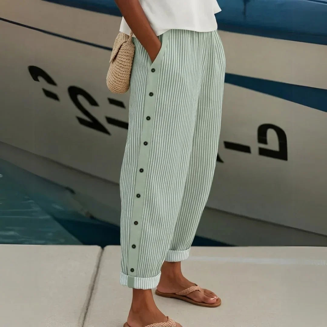 Caitlin Elegant Striped Pants with Buttons, view 6 - Elena Harper