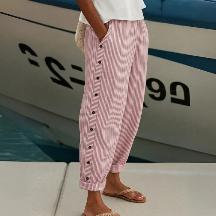 Caitlin Elegant Striped Pants with Buttons, view 3 - Elena Harper