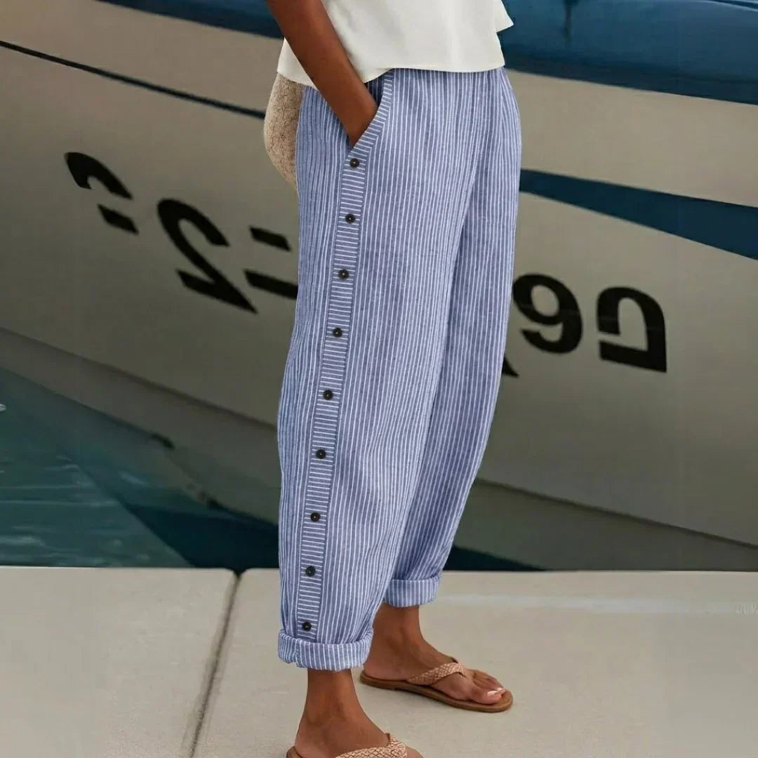 Caitlin Elegant Striped Pants with Buttons, view 5 - Elena Harper