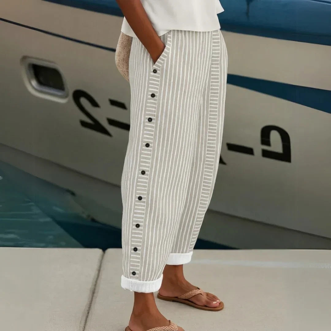 Caitlin Elegant Striped Pants with Buttons, view 7 - Elena Harper