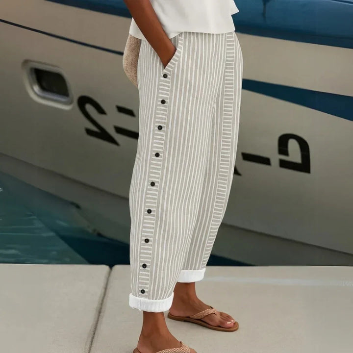 Caitlin Elegant Striped Pants with Buttons, view 7 - Elena Harper