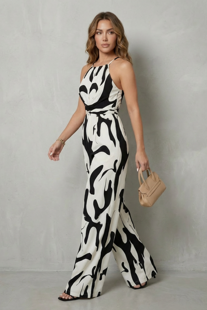Women's Halter Neck Wide Leg Jumpsuit in Abstract Print Iveline, view 3 - Elena Harper