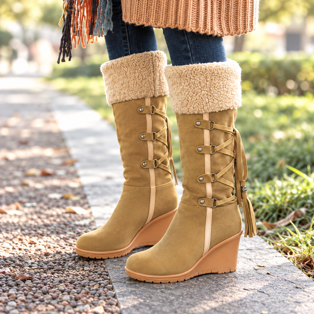Ladies' Leather Winter Boots – Fur Lining, Wedge Heel, Casual for Cold Weather