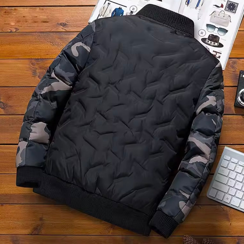 Men's Quilted Jacket with Camouflage Sleeves and Ribbed Cuffs