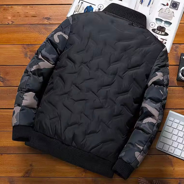 Men's Quilted Jacket with Camouflage Sleeves and Ribbed Cuffs