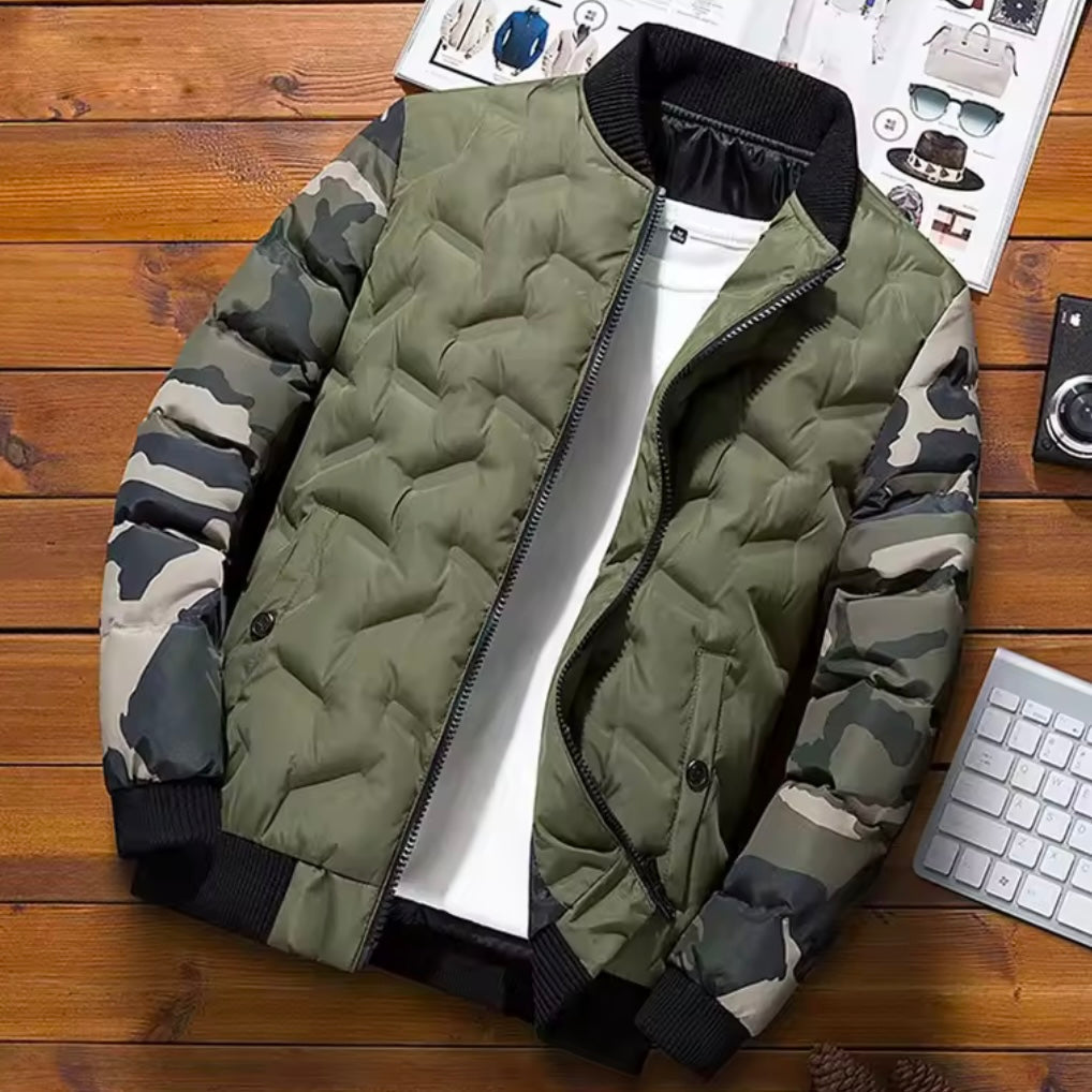 Men's Quilted Jacket with Camouflage Sleeves and Ribbed Cuffs